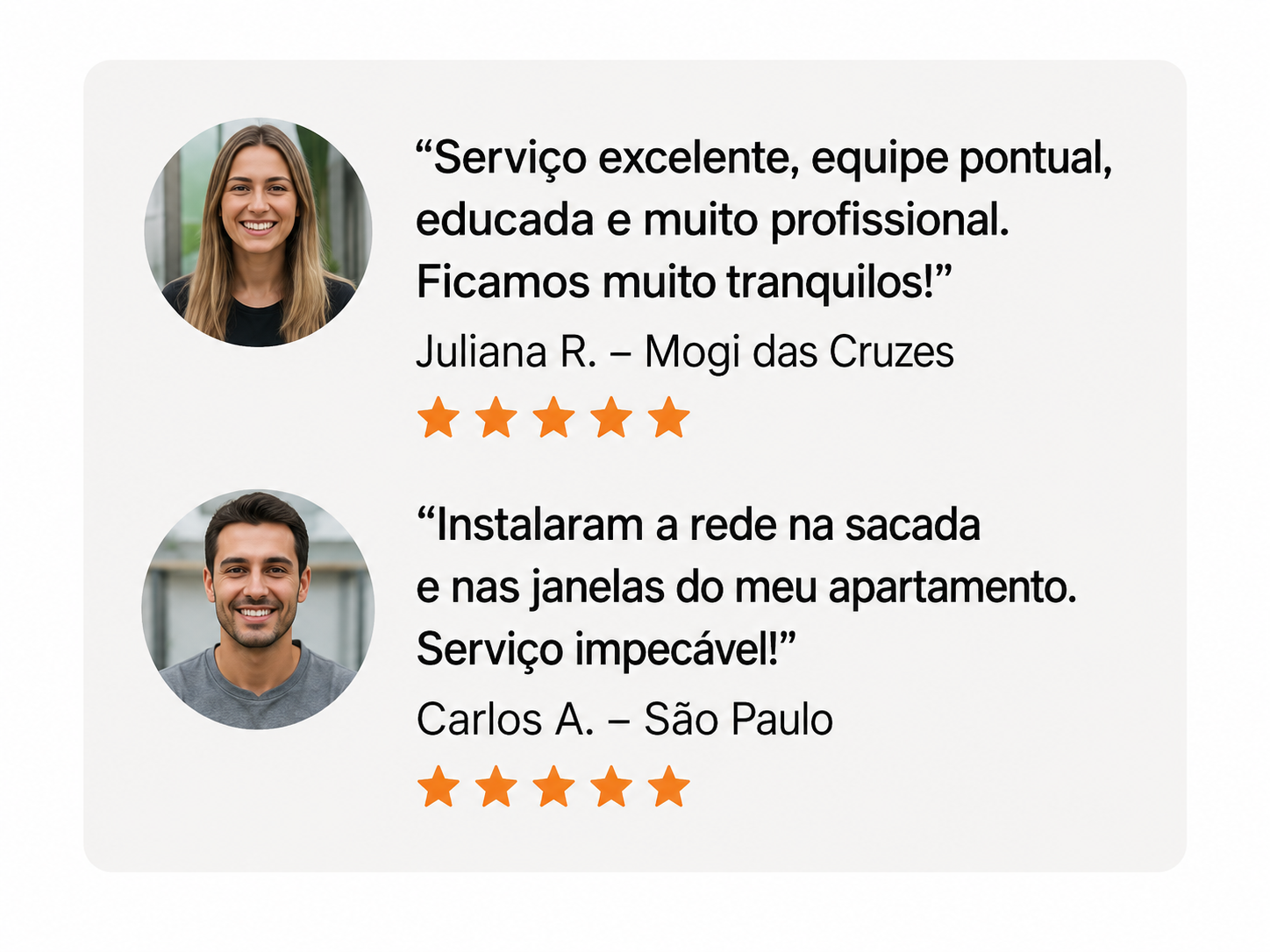 Depoimentos de clientes com avaliacao cinco estrelas